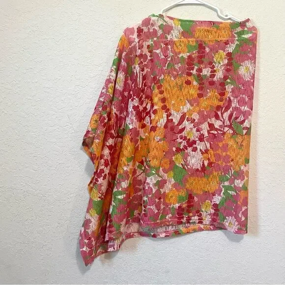 Top it Off Printed Emily Poncho Wrap Sweater Floral Pink Orange One Size - Picture 5 of 7